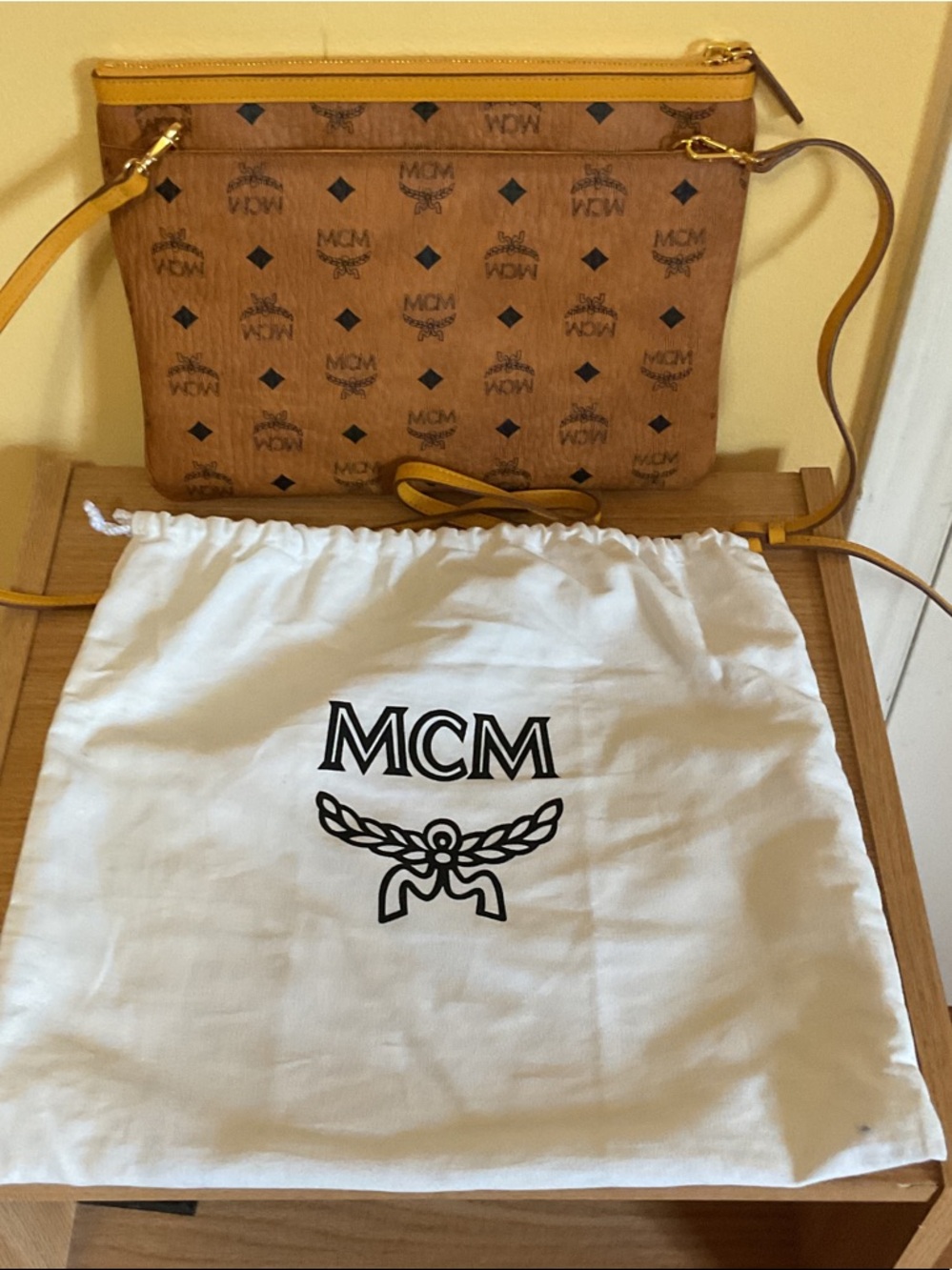 MCM Cognac Visetos Pouch with Yellow Trim and Strap
